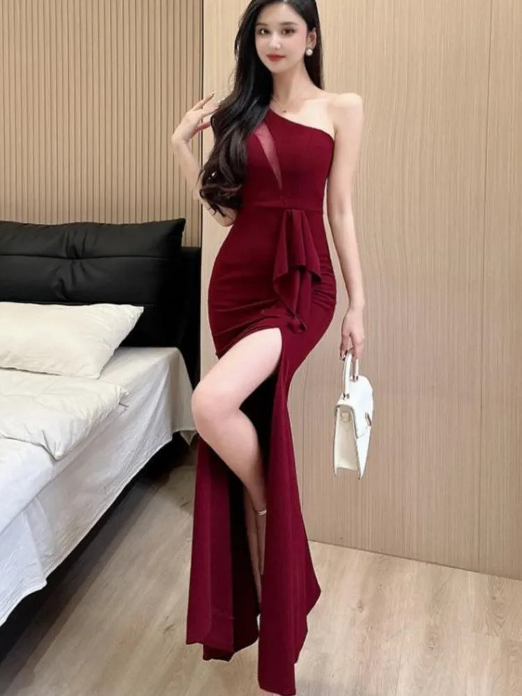 Backless Slim Split Long Dress Summer Sleeveless Off Shoulder Club Party Mesh Dresses