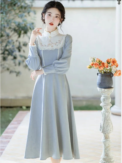Midi Dresses Woman Autumn Retro French Style Embroidery Lantern Sleeve Slim Evening Party Robe Vestido