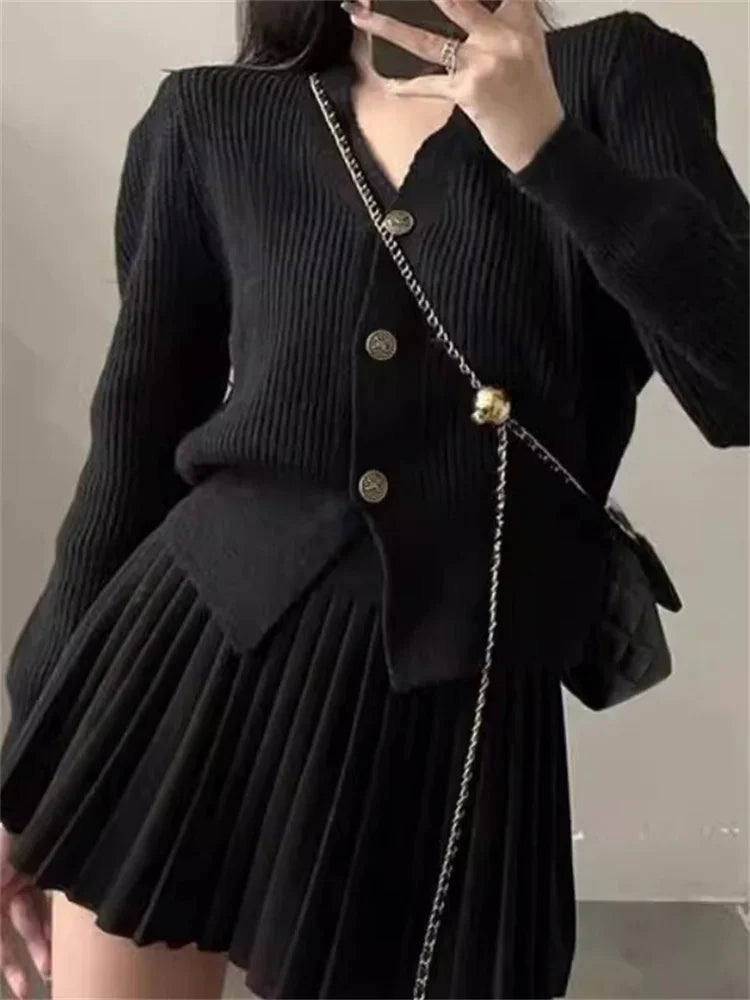 Female Knit 2 Piece-set Pleated Skirts Ribbed Cardigan Sweater and Skirt Sets Female Knitwear Outfits