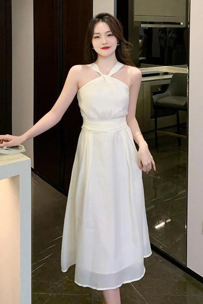 Beige Chiffon Dress Female Summer Slim Slim Thin Temperament French Senior Sense of Beach Hanging Neck Long Dress