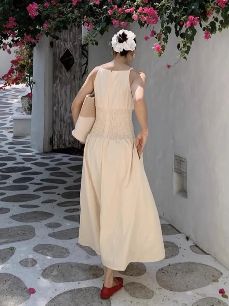 Korean Summer New French Vacation Style Wrinkles Hugging Waist Stretching Sleeveless Strap Long Dresses