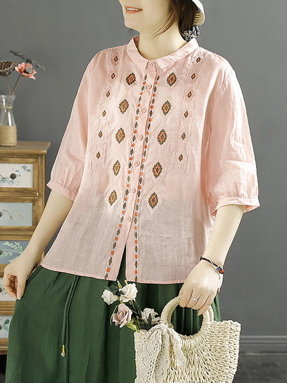 Rhomboids Embroidery Ramie Button Up Blouse Kl1031
