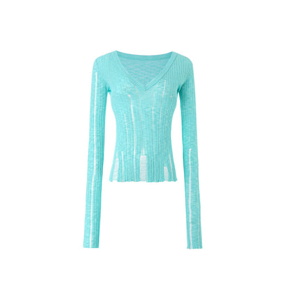 Hollow-out V-neck Thin Cardigan With Distressed Waist Knit Top