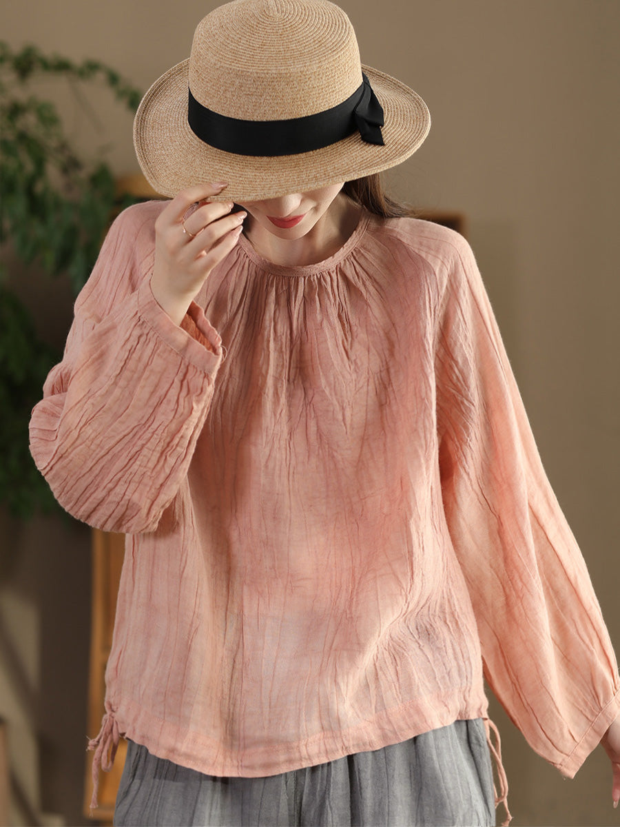 Summer Artsy Strap Hem O-neck Ramie Blouse As1026