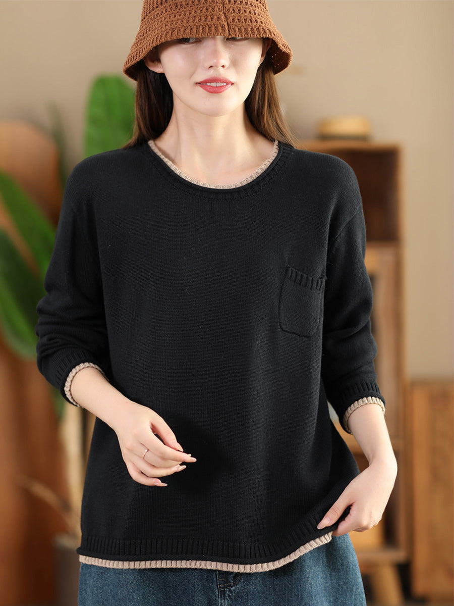 Autumn Colorblock O-neck Cotton Knit Blouse Ai1068