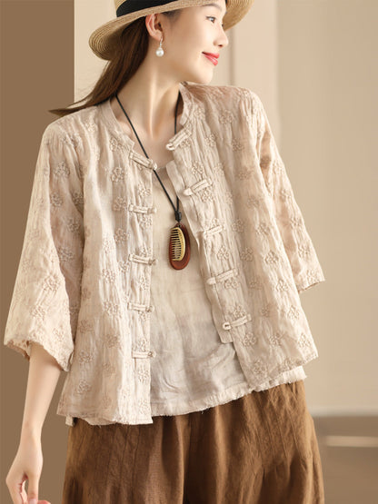 Flower Jacquard Button-up Ramie Blouse Sc1023