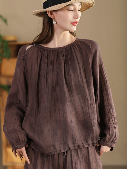 Summer Artsy Strap Hem O-neck Ramie Blouse As1026