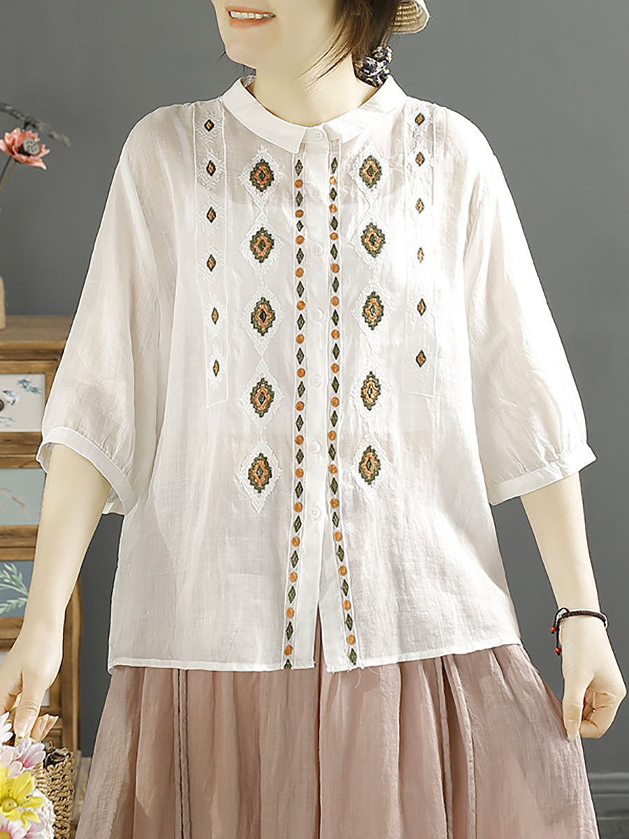 Rhomboids Embroidery Ramie Button Up Blouse Kl1031