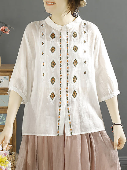 Rhomboids Embroidery Ramie Button Up Blouse Kl1031