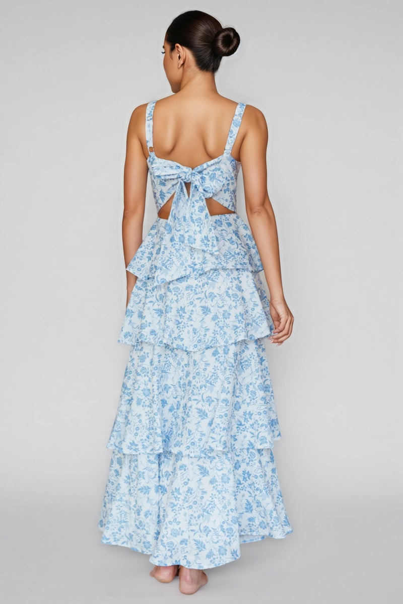 Chriske Blue Print Ruffle Maxi Dress