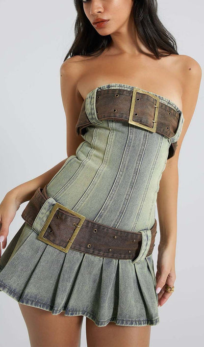 Strapless Buckle Detail Mini Dress in Blue