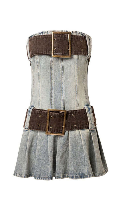 Strapless Buckle Detail Mini Dress in Blue
