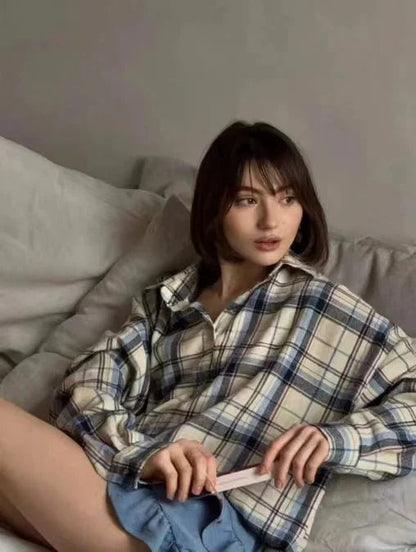 Summer Oversized Plaid Shirt Long Sleeve Loose Fit Blouse Autumn Female Office Shirt Tops for Woman