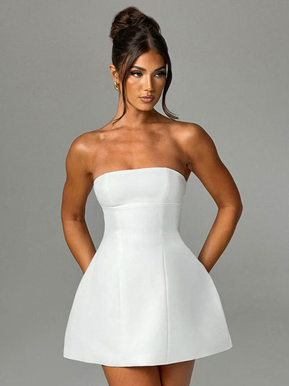 Summer White Mini Dress Female High Waist Patchwork Bandeau Backless Slim Party Dress Gown Dress New