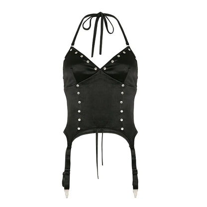 Skinny Pu Spliced Satin Rivet Design ��s Camisole Tops Retro Gyaru Darkly Punk Blouses