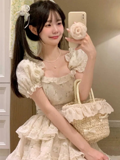 Print Dresses for Spring Summer Sweet Puff Sleeves Party Birthday Mini Dress Princess Vestidos New