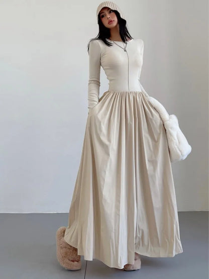 Patchwork Long Dresses for O-neck Long Sleeves A-line Autumn Spring Korean One Piece Vestidos Mujer New