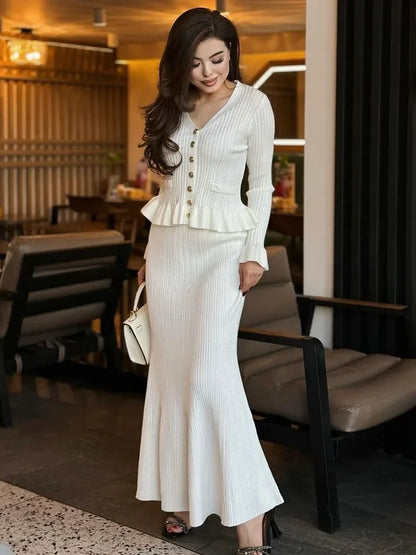 Ruffle Slim Knitted Dress ’s V Neck Long Sleeve Mermaid Long Dresses Elastic Button Patchwork Party Dress