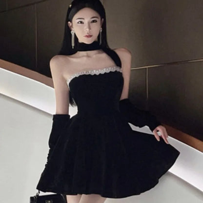 French Strapless Mini Dresses Lace Patchwork A-line Evening Party Dress Korean Y2k Mini Vestidos Mujer