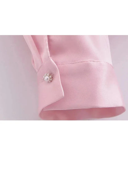 Spring Pink Turndown Collar Blouse for Woman Long Sleeves Laceup Female Single Breasted Shirt Top