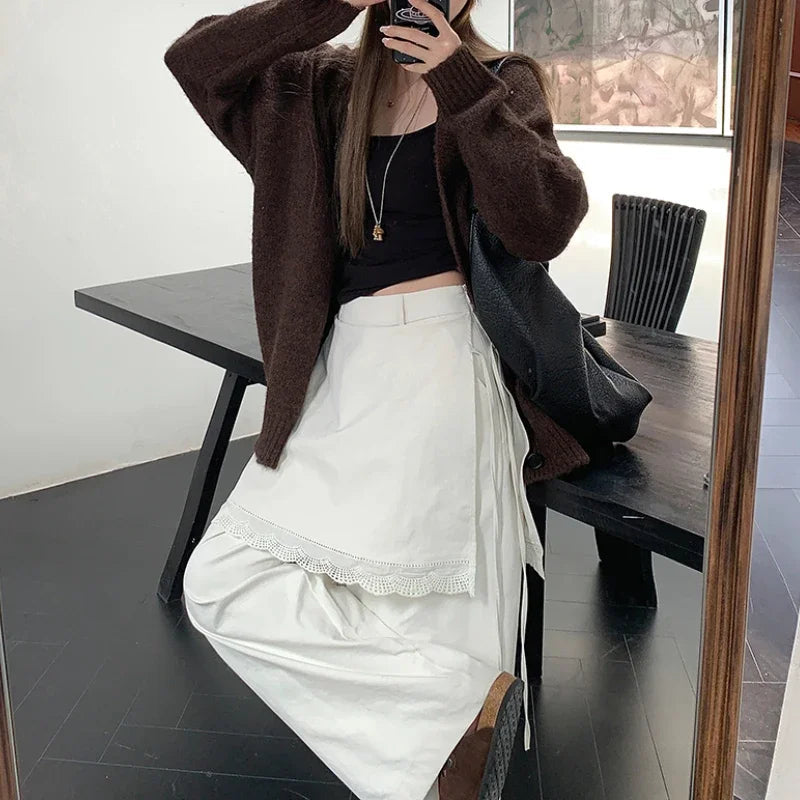 High Waist Laceup Color Wide Leg Pants Autumn New Fake Twopiece Lace Stitching Loose Pants