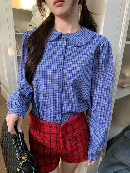 Blue Plaid Shirt Kawaii Peter Pan Collar Blouse Female Preppy Style Puff Sleeve Top With Teen Girl Spring Clothes