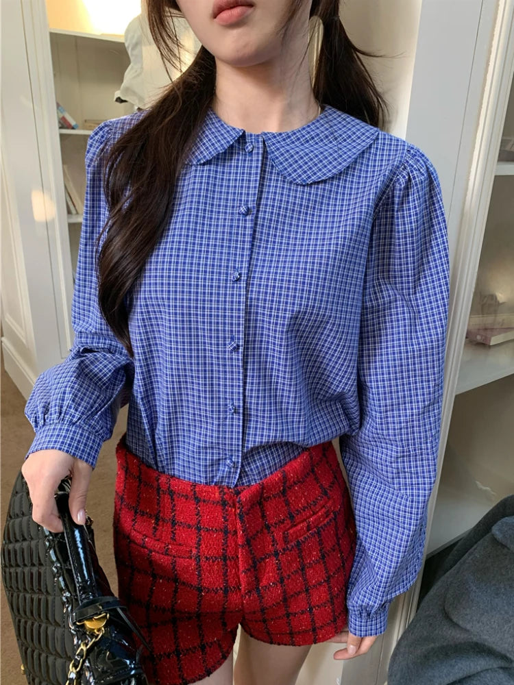 Blue Plaid Shirt Kawaii Peter Pan Collar Blouse Female Preppy Style Puff Sleeve Top With Teen Girl Spring Clothes
