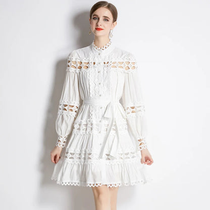 Stand Collar Single Breasted Dresses New Spring Hollow Out Embroidery Lace Trims White Mini Dress