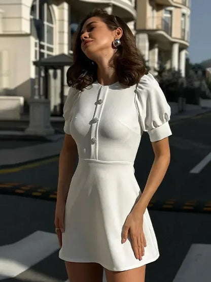 Slim Mini Dress Lace Short Sleeve Doll Collar Button Splice Autumn Classic Office Dresses Female