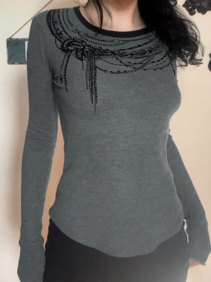 Chain Print O-neck Long Sleeve Blouses Gothic Punk Autumn Basic Top Tees
