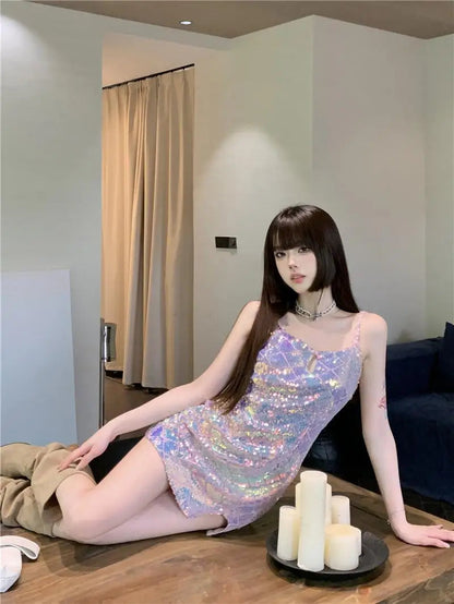 Sequin Pleated Tight Stretch Hollow Bodycon Mini Dress Night Club Outfit Design Brand Clothes Summer New