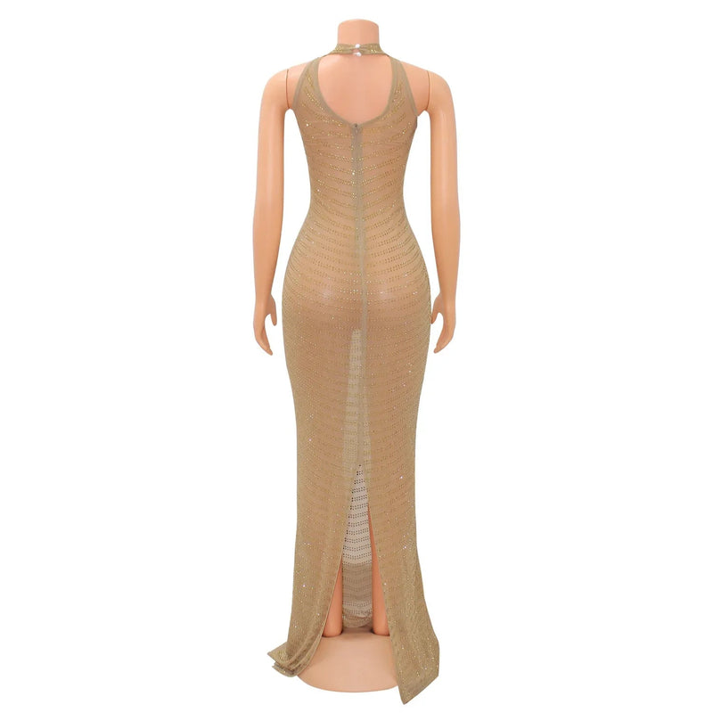Gold Rhinestone Mesh Prom Maxi Dress Long See Through Outfits Party Diamond Night Club Bodycon Dresses