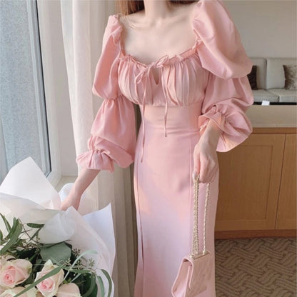 Autumn New Bodycon Midi Dresses for Puff Sleeve Square Collar High Split Office Lady Korean Evening Party Dress