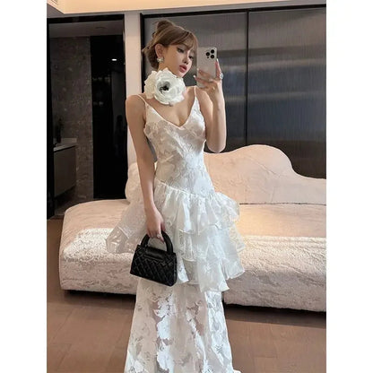 Summer White Strap Slip Maxi Dress Flower Backless Printed Lotus Leaf Edge French Light Evening Dresses for