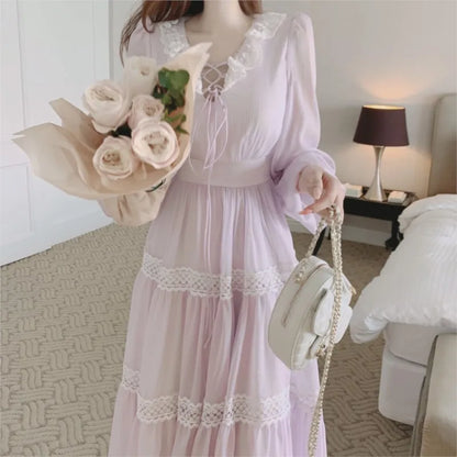 French Fairy Midi Dresses for Lantern Sleeve High Waist V-neck A-line Princess Party Dress Female Vestidos