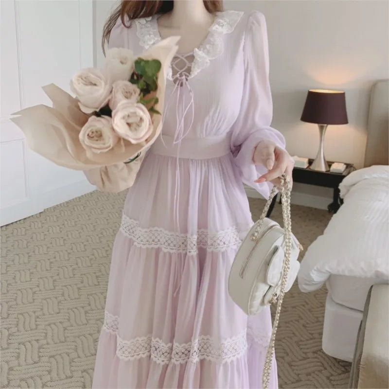 French Fairy Midi Dresses for Lantern Sleeve High Waist V-neck A-line Princess Party Dress Female Vestidos