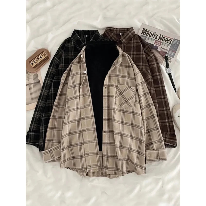 Oversized Plaid Shirts Long Sleeve Blouses Harajuku Korean Pocket Loose All Match Tops New