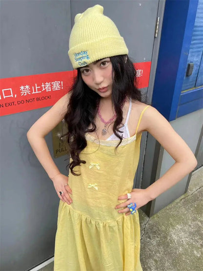Summer French Vacation Style Lemon Yellow Splicing Lace Bow Strap Camisole Dress for Thin Loose Aline Long Dress