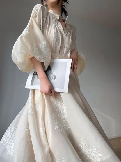 France Lantern Sleeve Embroidery Midi Dress for Spring Autumn New V Neck Lace Up Vestidos Korean Clothes