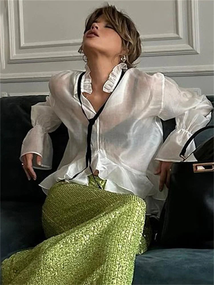 Bandage See-through Chiffon Shirts Pullover for Cover Up Patchwork Summer Lace-up ’s Blouse Top