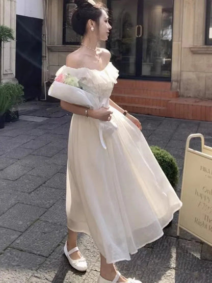 New Summer Off Shoulder Midi Dress Lace Patchwork Ruffles Aline Party Dresses Prom Robe Vestido