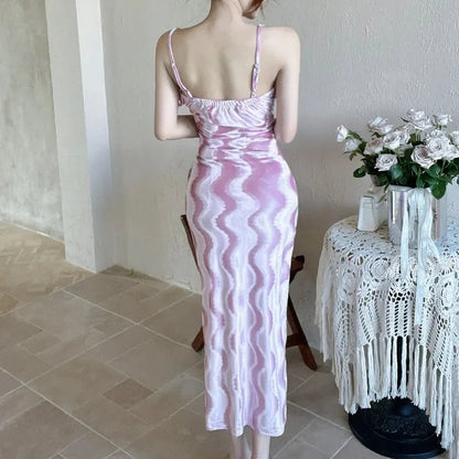 Sweet Hot Girl Splicing Long Dress Autumn/winter Slit Velvet Strap Slim Dress Female Clothes