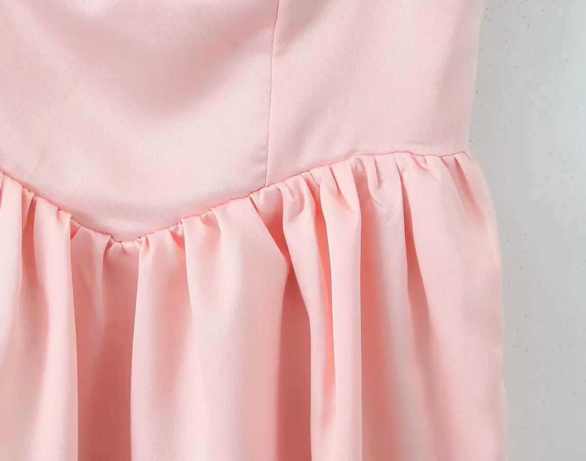 Pleated Design Tie-up Sleeveless Summer Dresses Color Slim Fit Mini Dress Simple Party Dress