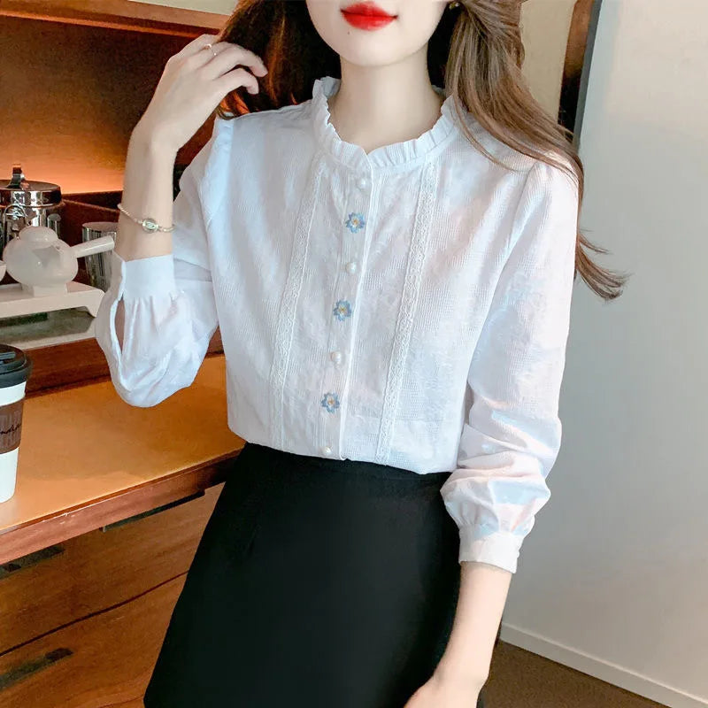 Embroidery Spring Autumn Blouses Shirts Lady Long Sleeve Stand Collar Color Blusas Tops Df4774