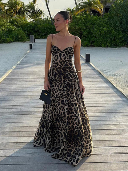 Y2k Leopard Print Suspender Long Dresses Slim Sleeveless Backless A-line Party Dress Summer Lady Robes _new