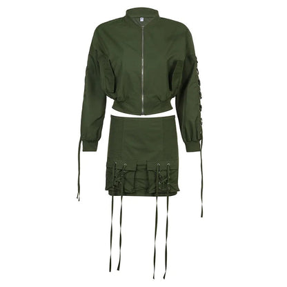 Bandage Skirts Suit for Zipper Slim Lace Up Cardigan Femme Mini Skirt 2 Piece Sets Outfits