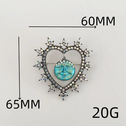 Rhinestone Heart & Moon Face Brooch