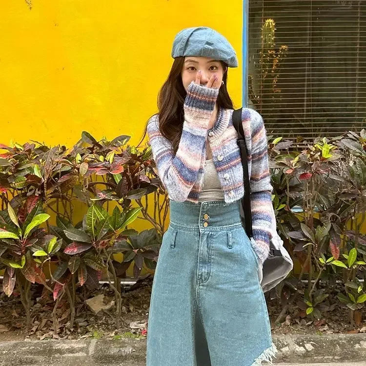 Striped Short Knitted Cardigan Spring and Autumn New Gentle Soft Glutinous Sweater Coat Slim Design Top