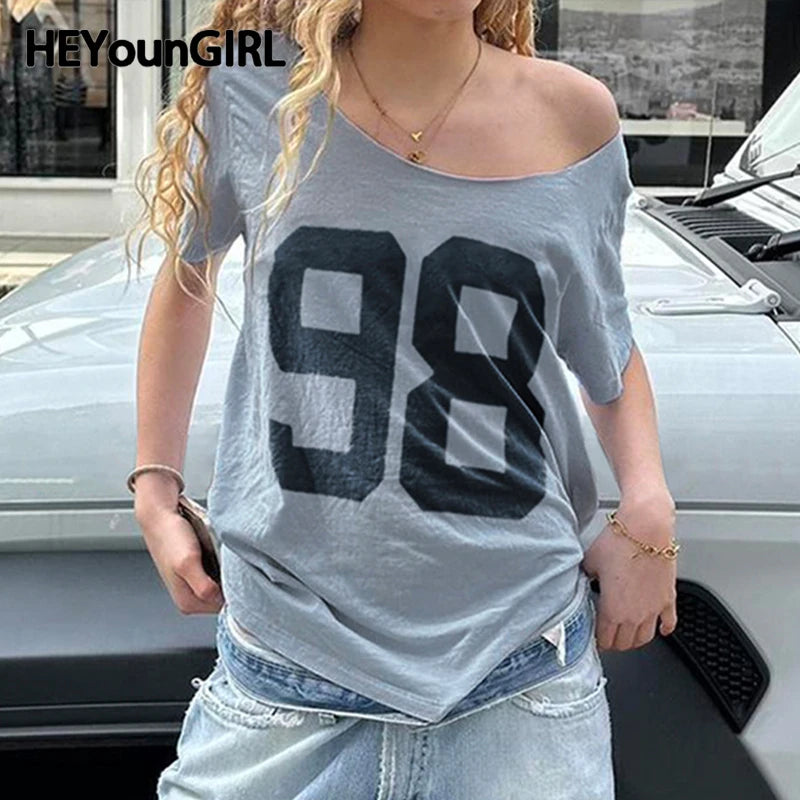 Y2k Digital Print Loose T-shirt Short Sleeve O Neck Basic Tee Summer Top Lady Outfits