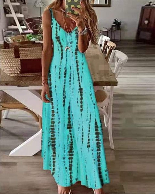 Printed Maxi Spaghetti Strap Dresses for V-neck Backless A-line Long Dress Style Beach Vestidos